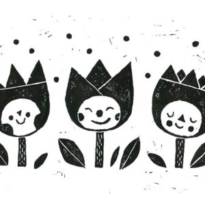 Linogravure impression noir et blanc fait main oeuvre à encadrer image poétique tout en douceur pour chambre enfant bébé salle de jeux tulipes fleurs jardin