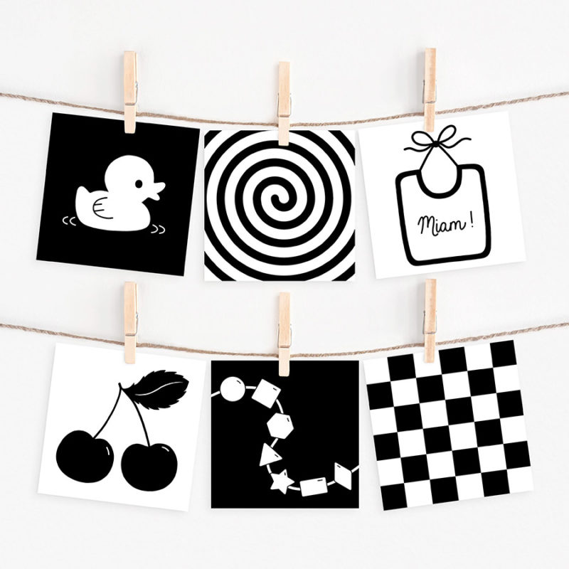 Cartes images bébé à fort contrastes noir et blanc monochrome pédagogie montessori développement éveil sensoriel visuel concentration observation amélioration vue stimulation vision éducation parentalité positive