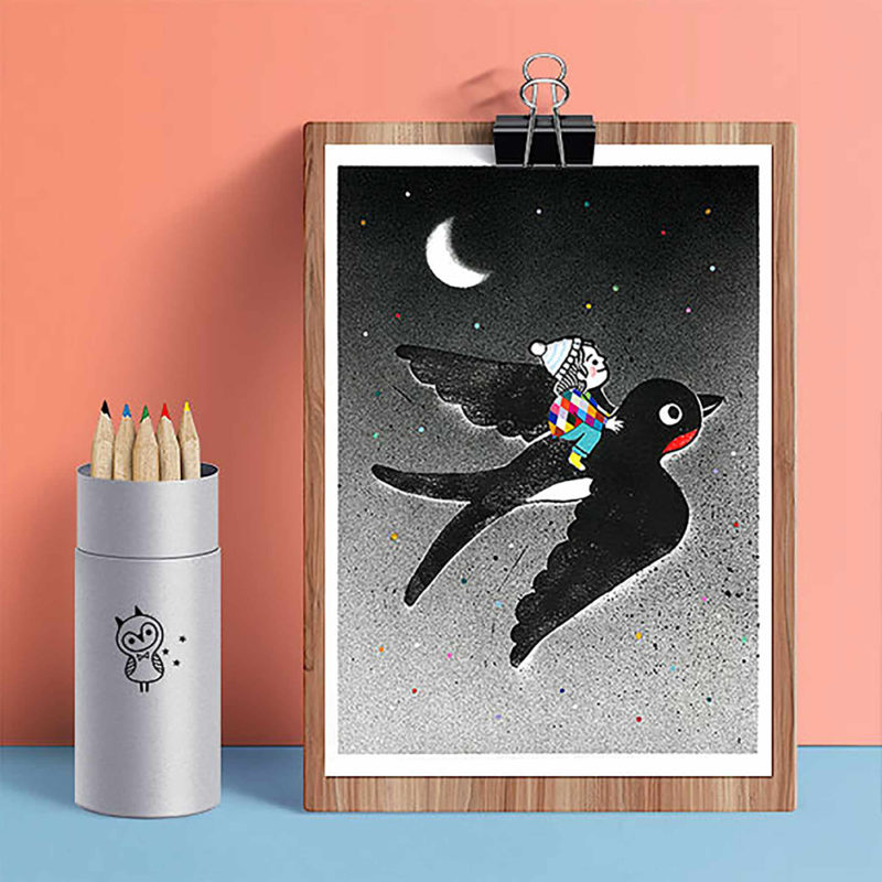 L'hirondelle linogravure décoration pour chambre enfant bébé s'envoler vers étoiles oiseau lune oeuvre originale à encadrer impression image poétique