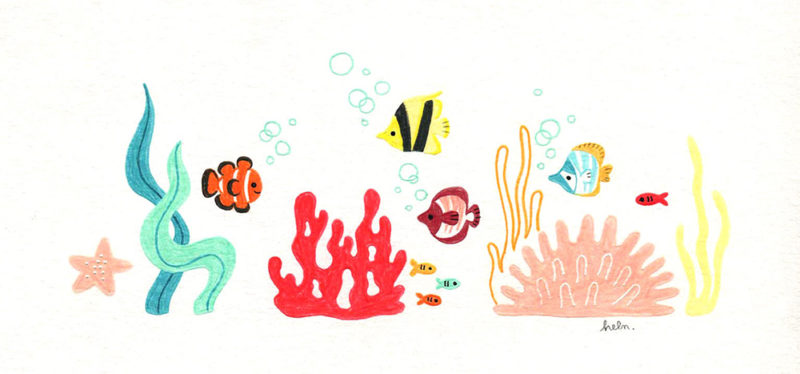 Illustration jeunesse originale aux crayons de couleurs décoration chambre enfant bébé petits poissons sous la mer algues et coraux