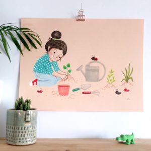 illustration originale crayons de couleur jardin jardinage jardinier arrosoir coccinelle plantes rempoter