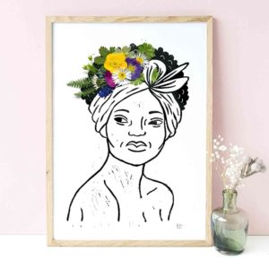 linogravure bucolique fleurs séchées pressées portrait femme couleurs décoration originale tableau végétal floral champs et jardin la nature est belle illustration land art