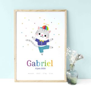 affiche petit chat décoration chambre enfant bébé prénom détails naissance cadeau félicitations arrivée bébé babyshower baptême cadeau personnalisé