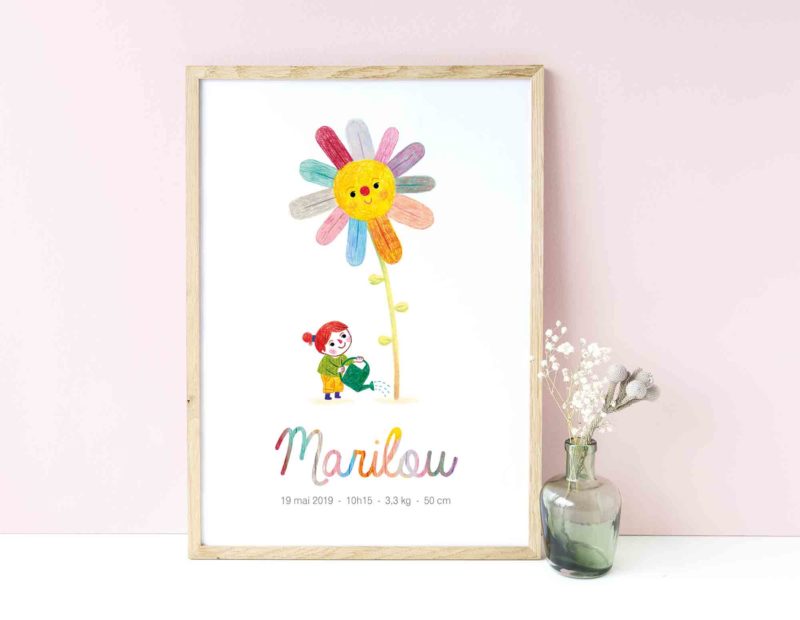 affiche petite fleur décoration chambre enfant bébé prénom détails naissance cadeau félicitations arrivée bébé babyshower baptême cadeau personnalisé