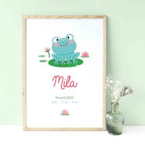 affiche grenouille décoration chambre enfant bébé prénom détails naissance cadeau félicitations arrivée bébé babyshower baptême cadeau personnalisé