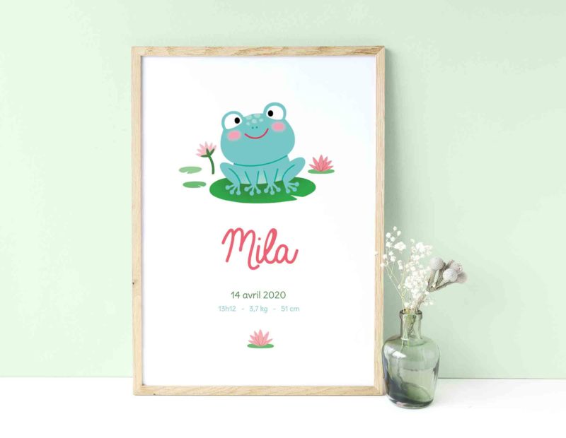 affiche grenouille décoration chambre enfant bébé prénom détails naissance cadeau félicitations arrivée bébé babyshower baptême cadeau personnalisé