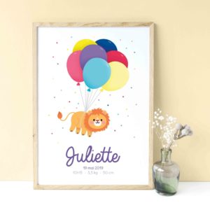 affiche l'envolée lion décoration chambre enfant bébé prénom détails naissance cadeau félicitations arrivée bébé babyshower baptême cadeau personnalisé