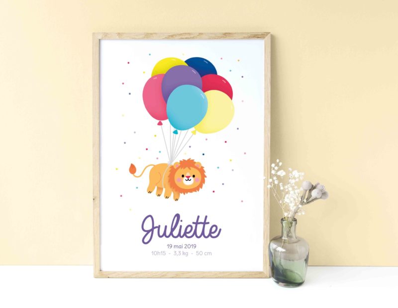 affiche l'envolée lion décoration chambre enfant bébé prénom détails naissance cadeau félicitations arrivée bébé babyshower baptême cadeau personnalisé
