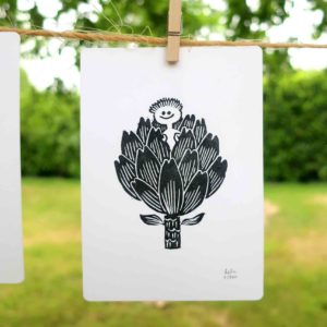 artichaut dessin illustration linogravure dandelion nenuphar persil petite graine oeuvre unique noir blanc nature