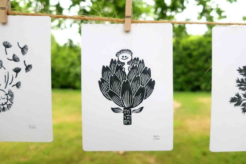 artichaut dessin illustration linogravure dandelion nenuphar persil petite graine oeuvre unique noir blanc nature