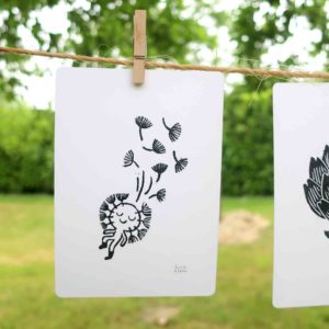 dandelion linogravure nenuphar persil artichaut petite graine oeuvre unique noir blanc nature