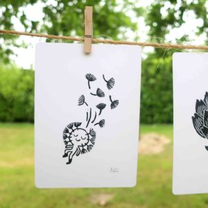 dandelion linogravure dessin illustration nenuphar persil artichaut petite graine oeuvre unique noir blanc nature