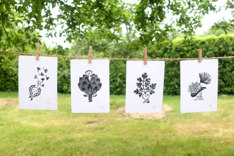 linogravure dandelion dessin illustration nenuphar persil artichaut petite graine oeuvre unique noir blanc nature