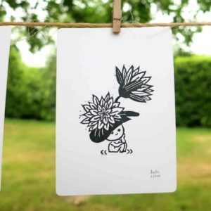 nenuphar linogravure dessin illustration persil dandelion artichaut petite graine oeuvre unique noir blanc nature