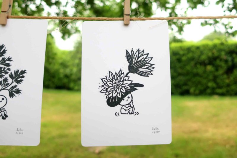nenuphar linogravure dessin illustration persil dandelion artichaut petite graine oeuvre unique noir blanc nature