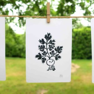 persil linogravure dessin illustration dandelion nenuphar artichaut petite graine oeuvre unique noir blanc nature