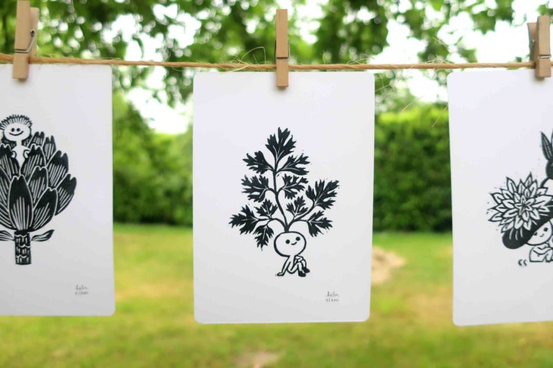 persil linogravure dessin illustration dandelion nenuphar artichaut petite graine oeuvre unique noir blanc nature