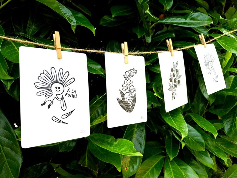 muguet linogravure dessin illustration dandelion nenuphar persil artichaut myrtille paquerette petite graine oeuvre unique noir blanc nature fruit fleur