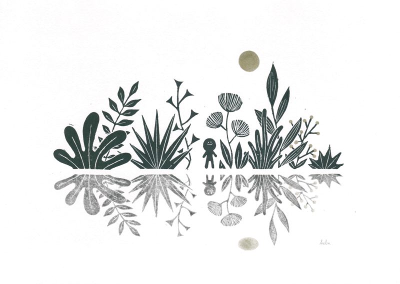 linogravure paysage reflet noir doré or végétation nature, bonhomme lune fleurs eau végétaux