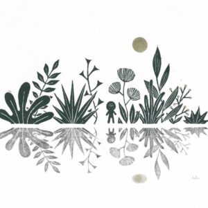 linogravure paysage reflet noir doré or végétation nature, bonhomme lune fleurs eau végétaux