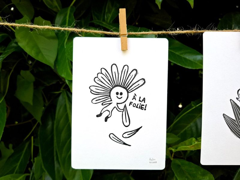 paquerette linogravure dessin illustration dandelion nenuphar myrtille muguet persil artichaut petite graine oeuvre unique noir blanc nature fruit fleur