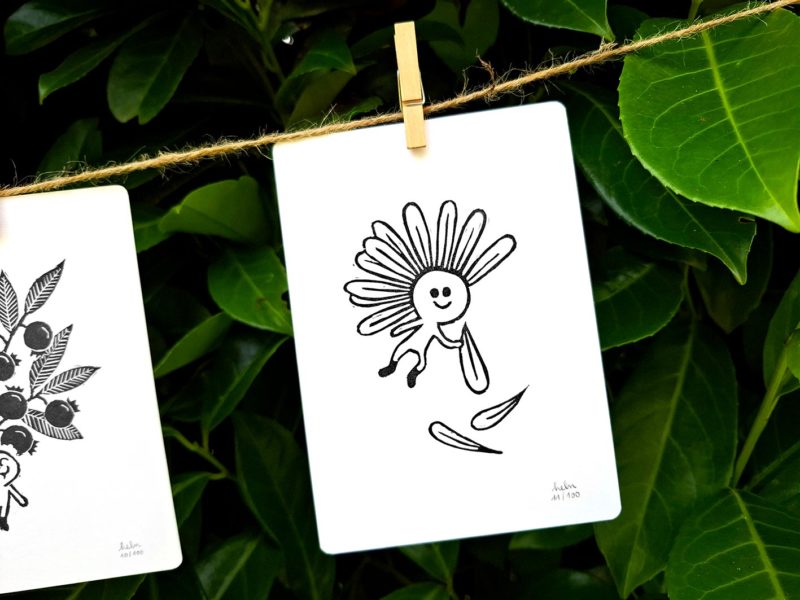 paquerette linogravure dessin illustration dandelion nenuphar myrtille muguet persil artichaut petite graine oeuvre unique noir blanc nature fruit fleur