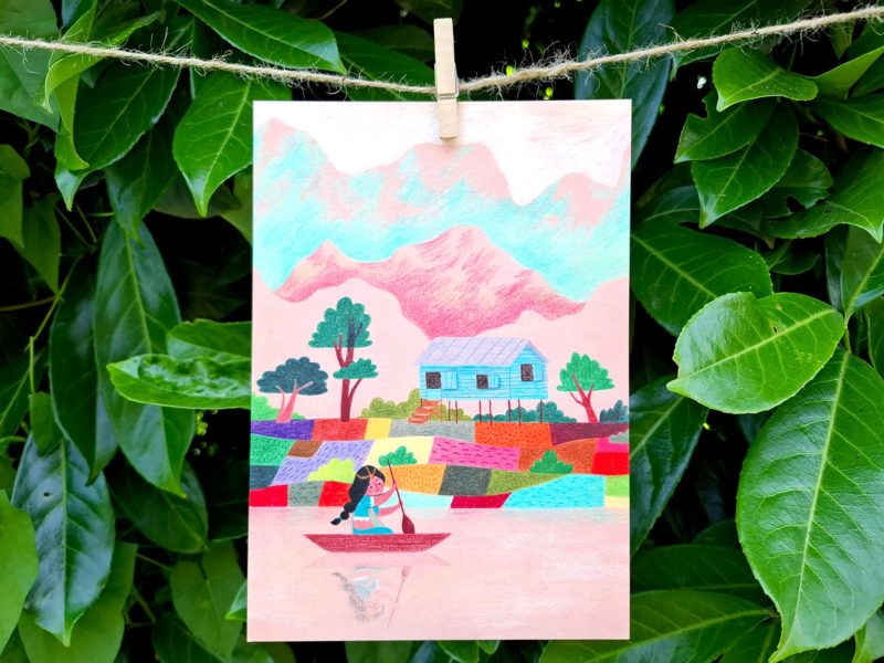 illustration canoë carte décoration cadeau impression couleur champ cabane