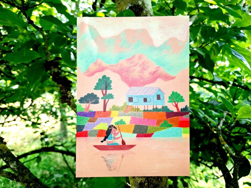 illustration canoë carte décoration cadeau impression couleur champ cabane