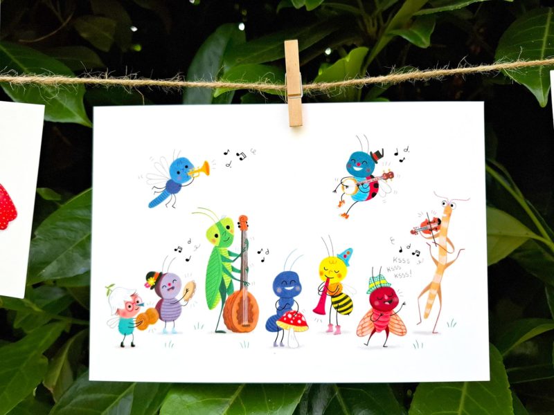 insecte musiciens fanfare illustration carte décoration cadeau impression couleur