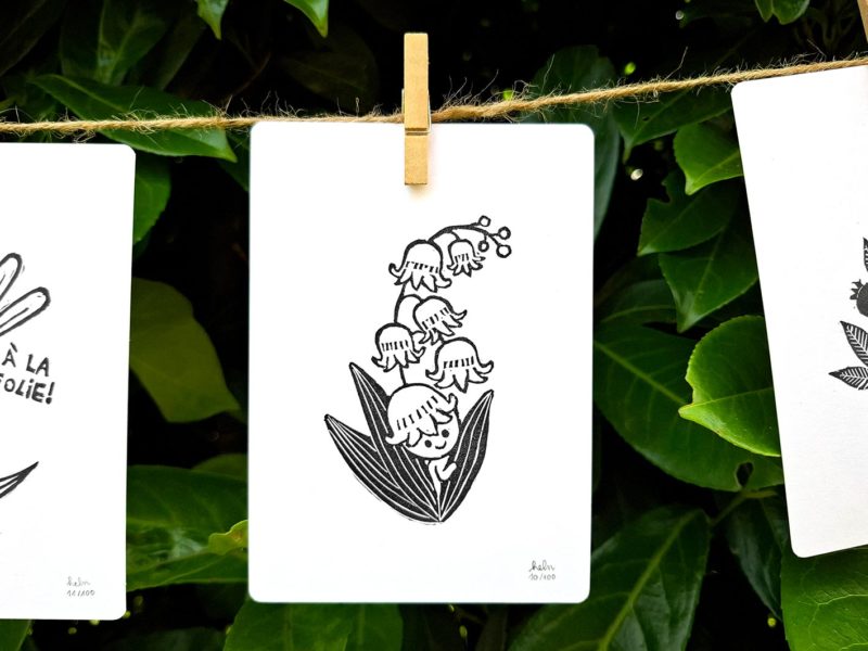 muguet linogravure dessin illustration dandelion nenuphar persil artichaut myrtille paquerette petite graine oeuvre unique noir blanc nature fruit fleur