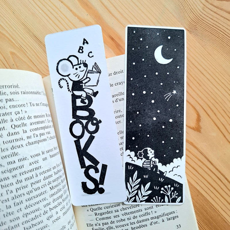 marque-page linogravure livre belle étoile voeux lune nuit étoilée nature souris books lettres livres
