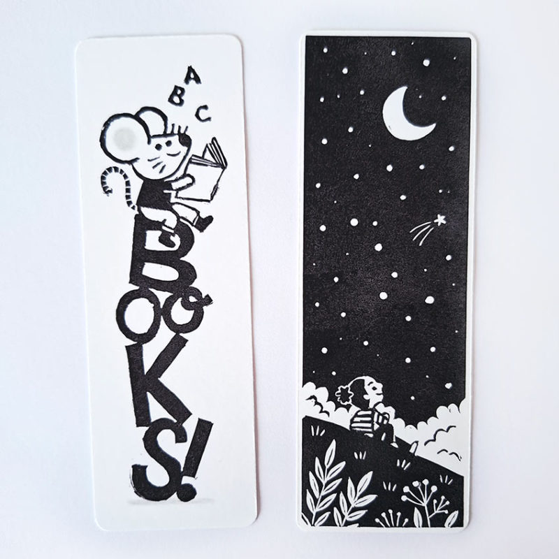 marque-page linogravure livre belle étoile voeux lune nuit étoilée nature souris books lettres livres