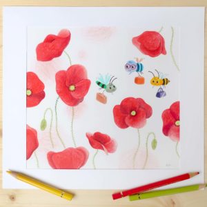 coquelicots insectes partir voyage valises libellule mouche abeille illustration originale crayons de couleur