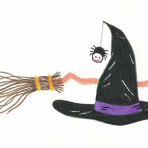 illustration originale crayons de couleur chapeau balai sorcière halloween araignée