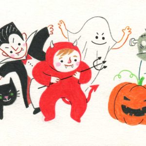 illustration originale crayons de couleur costumes halloween citrouille fantome diable vampire frankenstein chat noir
