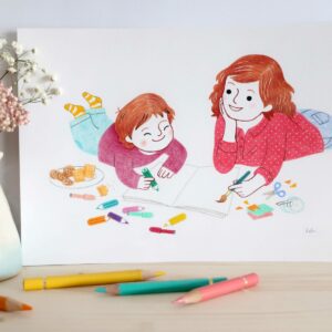 moment partagé maman enfant dessin illustration originale crayons de couleur