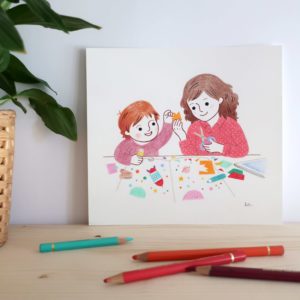 moment partagé maman enfant dessin illustration originale crayons de couleur découpage création